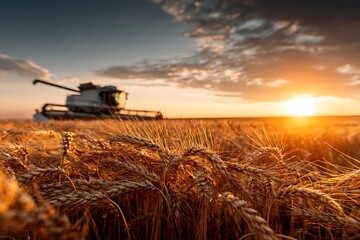 Fototapeta premium A golden wheat stalk stands against a vibrant sunset with a combine harvester in the distance, symbolizing agricultural abundance, sustainable food production, and the rural prosperity.
