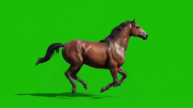 Galloping horse moving right to left on green background, seamless loop