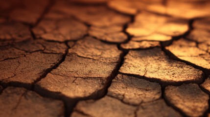 Obraz premium Close-up view of cracked earth surface under warm lighting, highlighting drought effects in nature