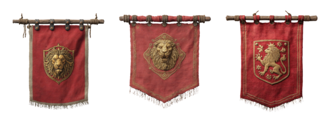 Detailed Red Banners with Lion Emblems for Medieval Themes