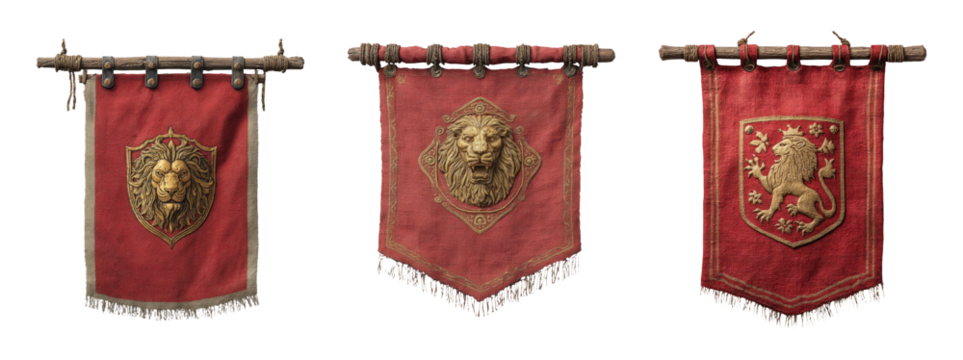 Detailed Red Banners with Lion Emblems for Medieval Themes