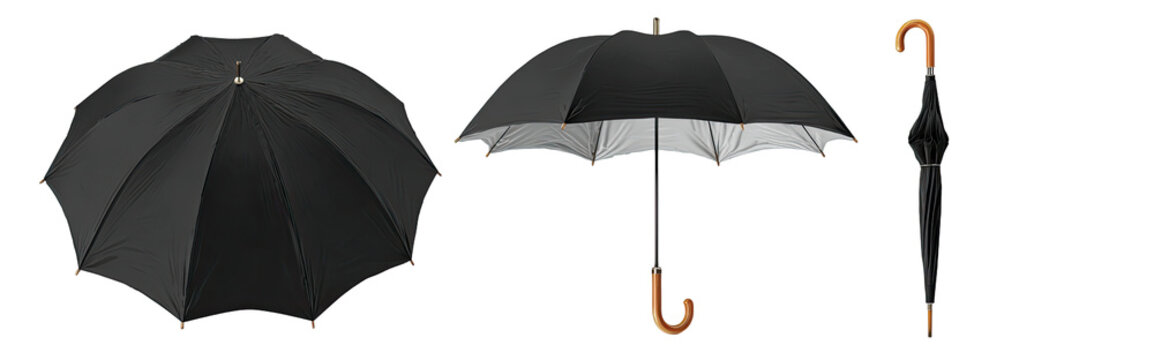 Three views of a black and white umbrella