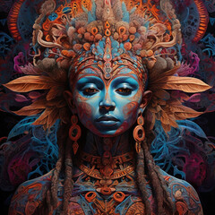 Psychedelic Shaman Portrait with Fractal Patterns