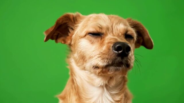 Funny dog rolling eyes in sarcastic expression on green background, loop animation