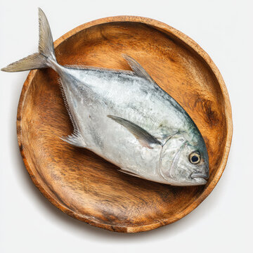 Fresh silver pompano fish on wooden plate with white background