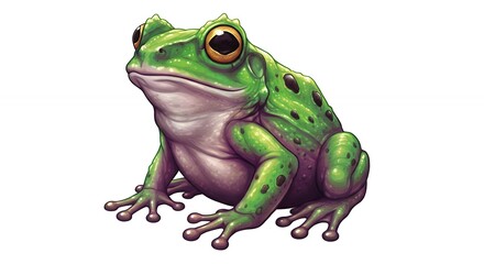 Obraz premium Cartoon Green Frog Sitting on White Background with Large Eyes and Bumpy Skin