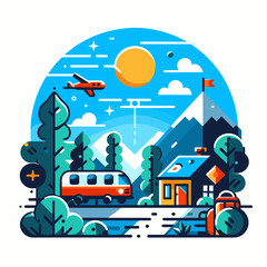 Colorful landscape with mountains, cabin, train, and sun in sky  