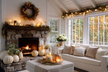 Cozy living room with fall wreath hanging above fireplace mantel, surrounded by pumpkins, candles, rustic garland, warm light filtering through window