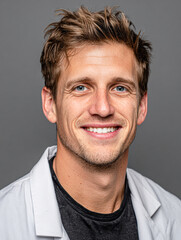 Obraz premium A smiling man with short hair, wearing a light jacket over a dark shirt, against a neutral gray background.