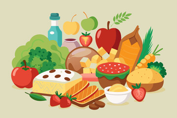 A colorful assortment of fresh fruits vegetables and baked goods