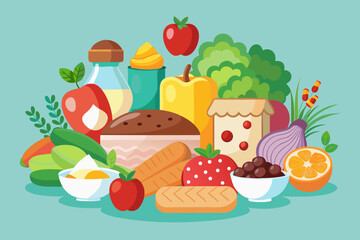A vibrant collection of fresh fruits vegetables and baked goods
