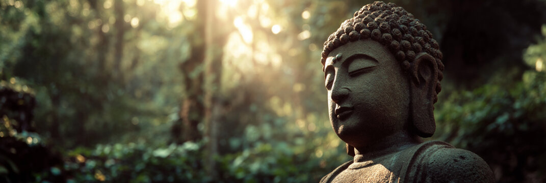 Side view of buddha statue in lush forest with sunlight streaming through trees - Powered by Adobe