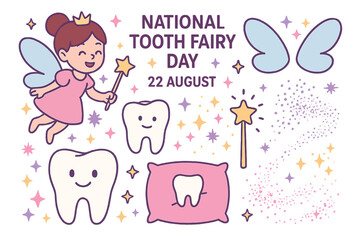 National Tooth Fairy Day vector set with fairy wings, lost tooth, sparkling stars, and magical symbols.