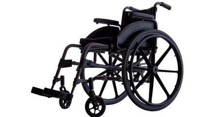 Fototapeta premium A standard black manual wheelchair for mobility and accessibility, isolated on white background