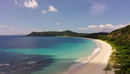 A panoramic aerial view of a secluded tropical paradise, where turquoise waves meet a sandy shore. Wind turbines on the hills signify a commitment to sustainable, eco-friendly travel.