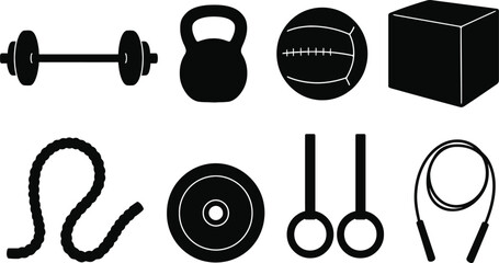 Solid black silhouettes of CrossFit equipment: barbell, kettlebell, medicine ball, plyo box, battle rope, weight plate, gymnastic rings, and speed rope. 8-piece collection, simple shapes on white back