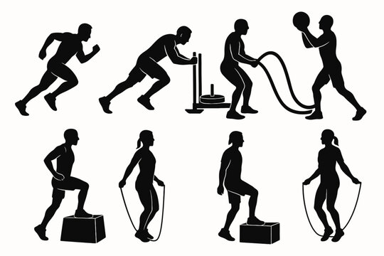 crossfit circuit vector, sprint silhouette, sled push icon, rope wave EPS