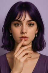 Fototapeta premium Woman with purple hair touching chin thoughtfully