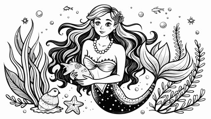 Whimsical mermaid holding a starfish surrounded by ocean life
