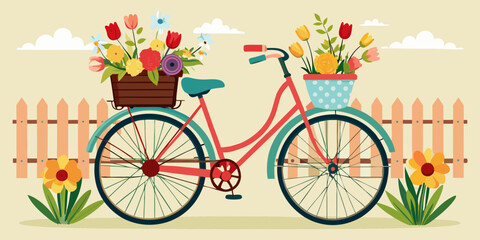 Vintage bicycle laden with colorful spring flowers by a wooden fence