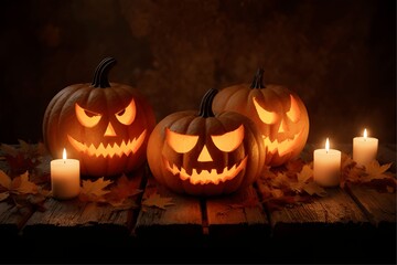3D Render of Glowing Jack-o'-Lanterns on Rustic Wooden Table with Autumn Leaves