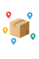 Package tracking concept with a cardboard box surrounded by colorful location pins, symbolizing logistics, delivery routes, and global shipping. 3D icon isolated on a transparent background.