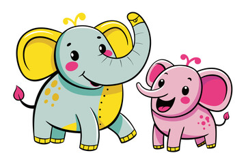 Two adorable cartoon elephants one blue and one pink dancing together