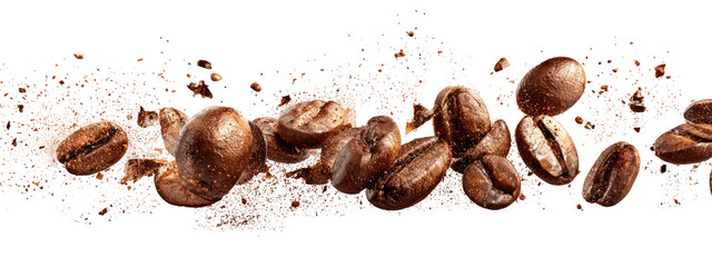 Obraz premium Coffee beans explode in a burst of motion against a dark background