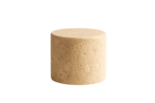 Cylindrical podium or plinth with a natural beige stone or cork texture for product display. Minimalist pedestal for showcasing cosmetics, isolated on a transparent background.