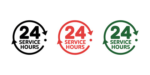 Set of 24 Service Hours icons in black, red, and green for round-the-clock customer support