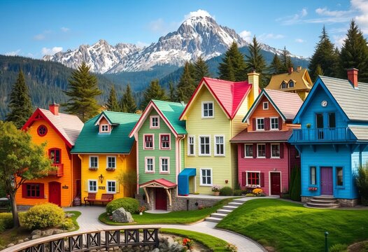 Whimsical houses, vibrant colors, mountain backdrop, lush trees, playful style,  houses,  digital art