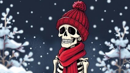 Naklejka premium Cheerful Skeleton Wearing Red Beanie and Scarf in Snowy Winter Illustration