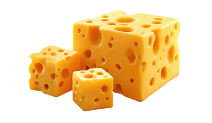 Three cubes of  yellow cheese, studded with holes