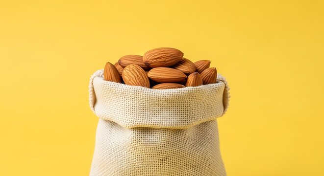 Almonds overflowing from a burlap sack against a vibrant yellow background