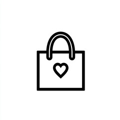 A simple black and white line drawing of a shopping bag with a heart on the front.