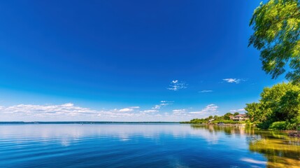 Serene lakeside view under a bright blue sky with fluffy clouds and lush greenery in the background