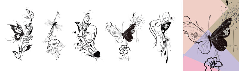 Naklejka premium Butterflies, dragonfly, flowers and women's faces silhouettes graceful compositions set. Isolated drawings for card, book pages, phone case, stickers, cups, bags, wall art, t-shirt printing, tattoo.