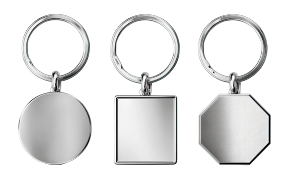Three blank metal keychains, each with a different shape tag - Powered by Adobe