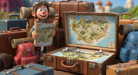 Animated Young Male Explorer with Maps and Suitcases in Adventure Setting