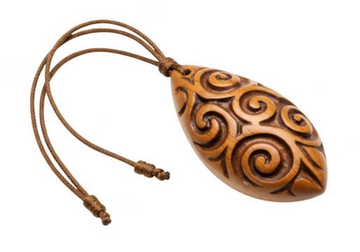 Intricately carved wooden pendant with swirling patterns and leather cord isolated on transparent background