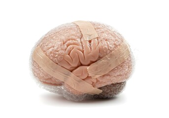 Obraz premium Human brain wrapped in bubble wrap with adhesive tape isolated on white background concept of fragile mind brain injury prevention and mental health care