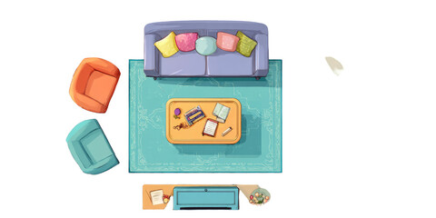 Top-down view of a cozy room with a sofa, chairs, and a coffee table