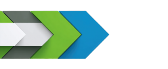 Layered arrow graphic, showing a progression or process, in shades of green, gray, white, and blue