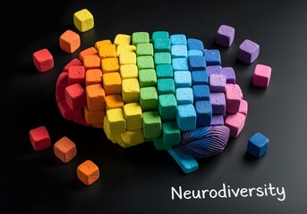 Rainbow colored brain made of chalk blocks on blackboard with word neurodiversity concept of autism ADHD inclusion and mental health awareness in education