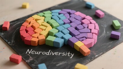 Rainbow colored brain made of chalk blocks on blackboard with word neurodiversity concept of autism ADHD inclusion and mental health awareness in education