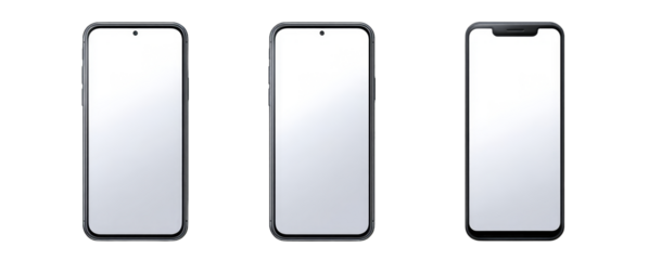 Three blank smartphone displays in dark gray protective cases