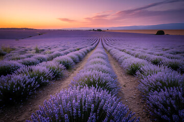 Obraz premium Photo of rows of lavender stretch into the horizon under a vibrant sunset, painting the landscape in shades of purple and orange