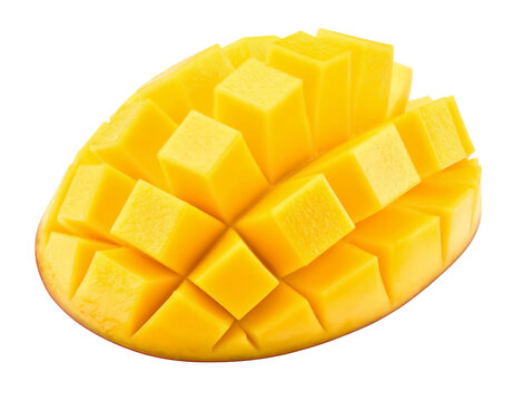 Ripe mango sliced with cubes on white background, tropical fruit