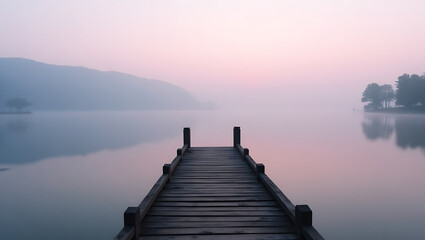 Fototapeta premium Pier at Dusk: A tranquil pier extends gracefully into a serene lake under the soft, ethereal glow of a dusky sky, creating a sense of peace and calm.