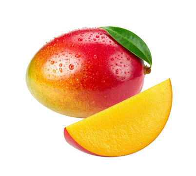 Ripe mango with slice on white background, tropical fruit